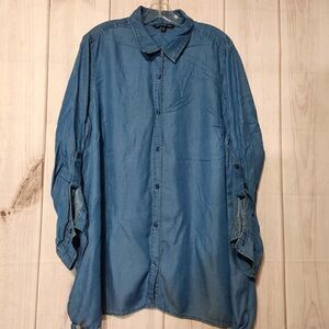 Zac‎ & Rachel Woman 2X Blue Denim Roll Tab Long Sleeve Button Up Shirt